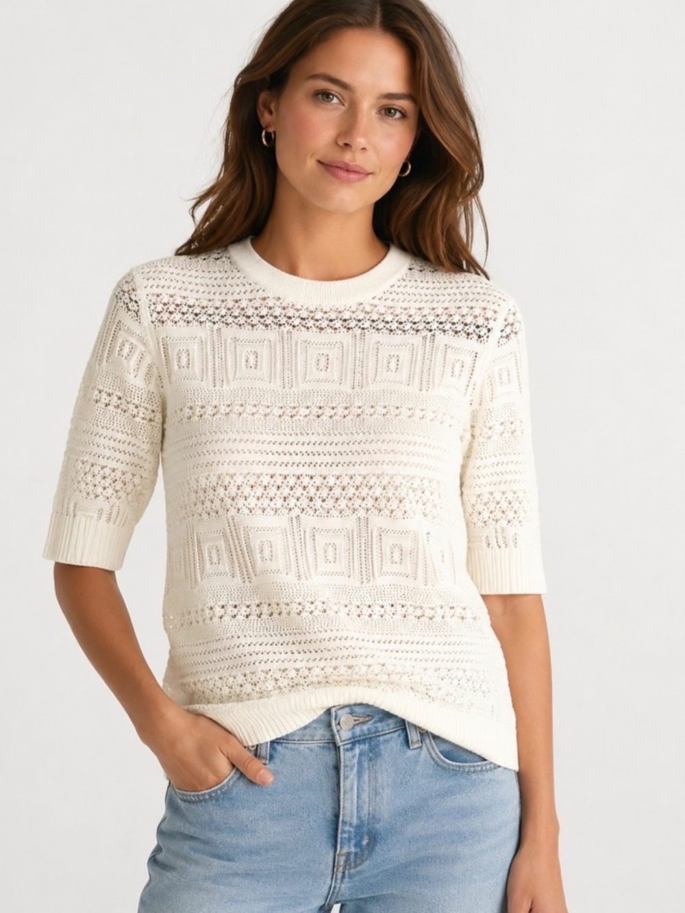 FRAME off-white openwork knit short sleeve sweater size M